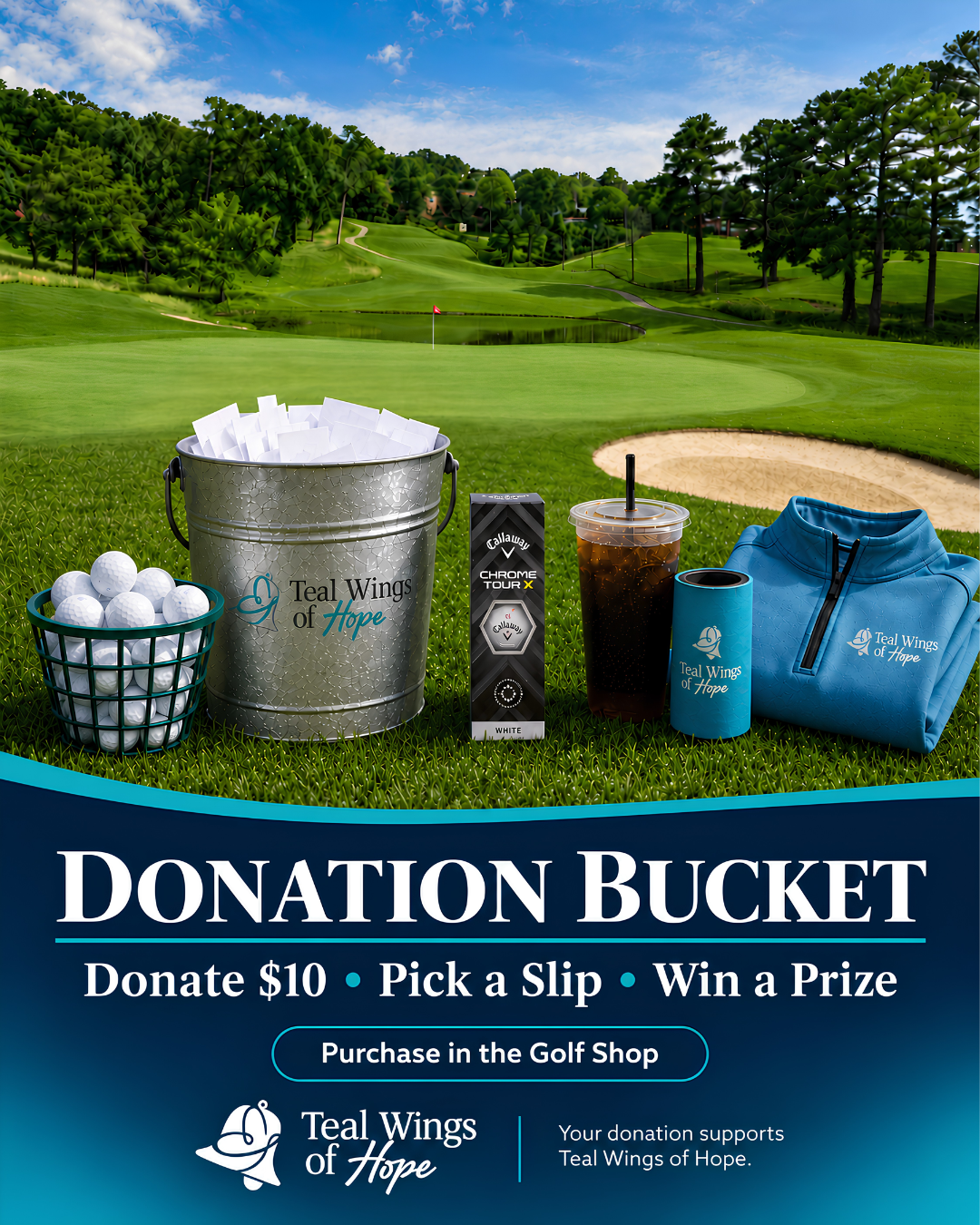 Teal Wings of Hope Donation Bucket at Highland Park Golf Course