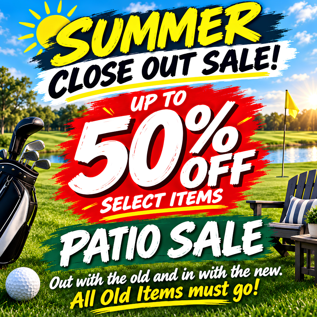Highland Park Golf summer closeout patio sale graphic advertising up to 50% off select items, with a golf course, golf bag, and patio chair in the background.